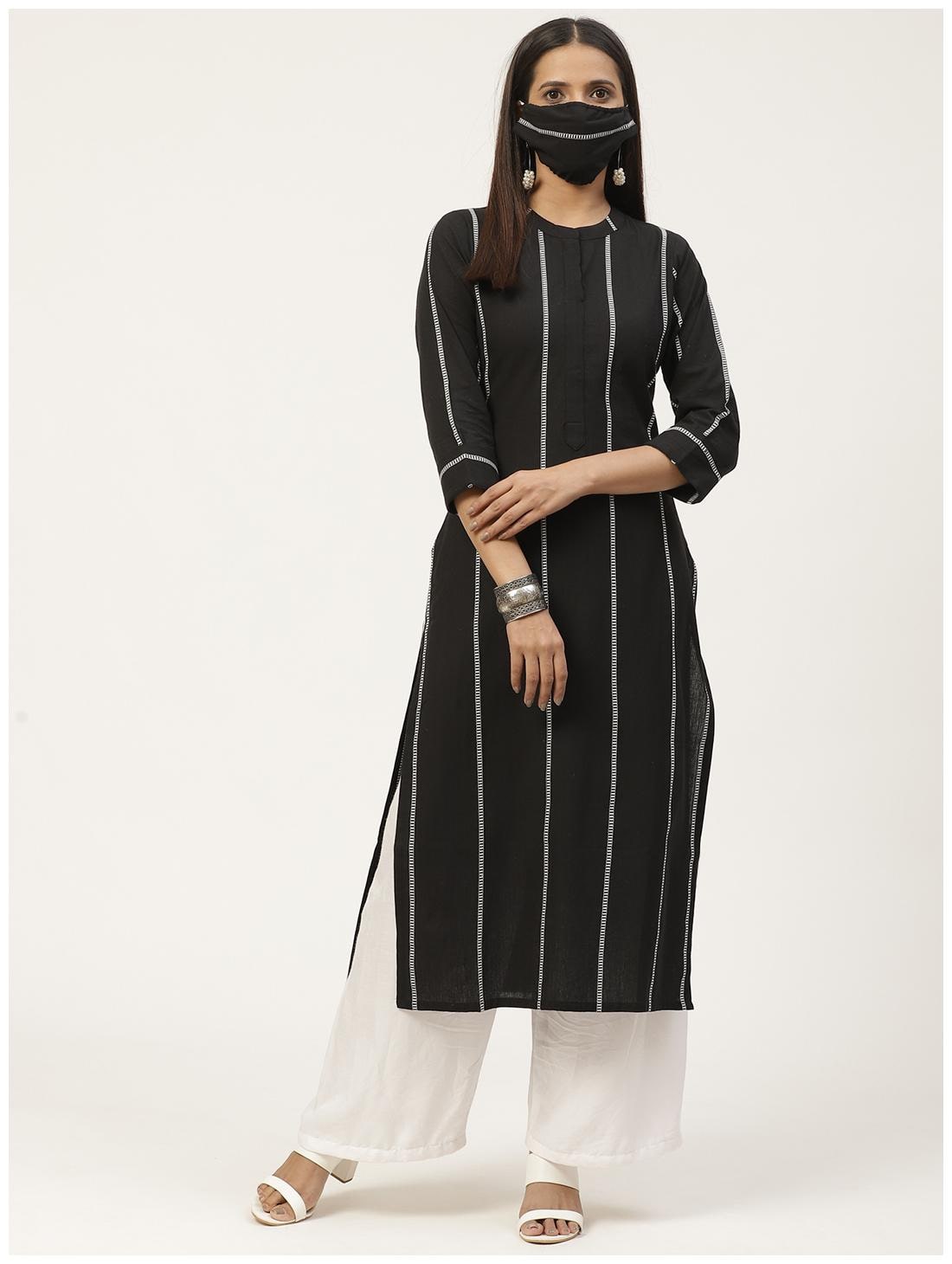 

GERUA Women Black Striped Regular Kurta