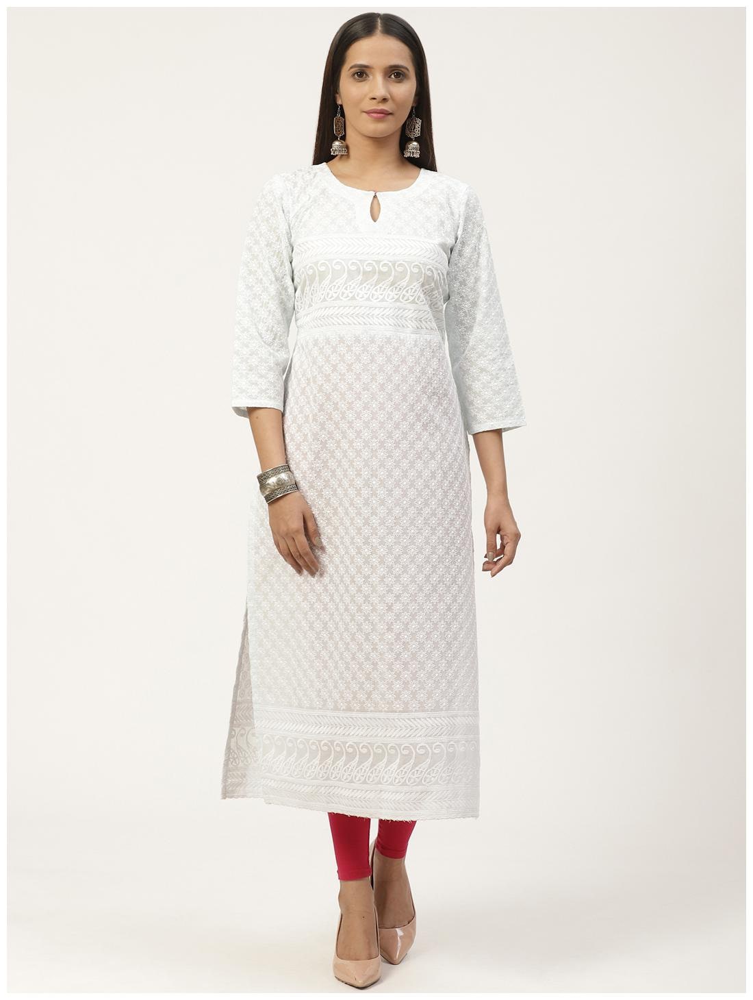 

GERUA Women White Embroidered Regular Kurta