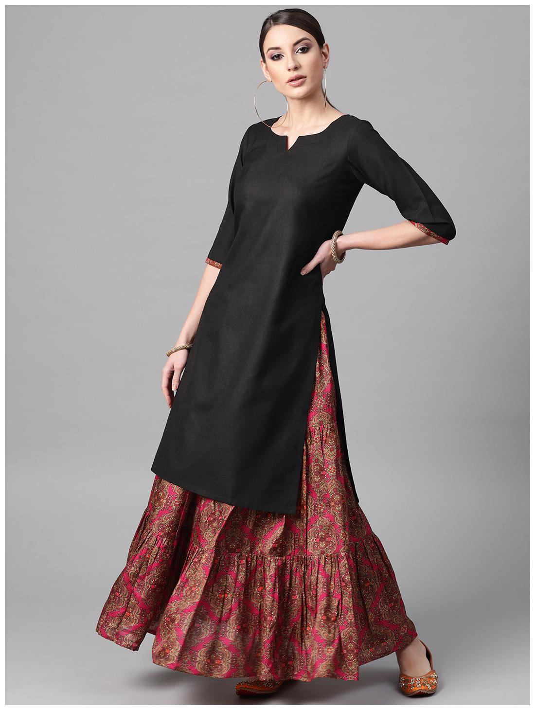 

GERUA Women Black Solid Straight Kurta With Skirt