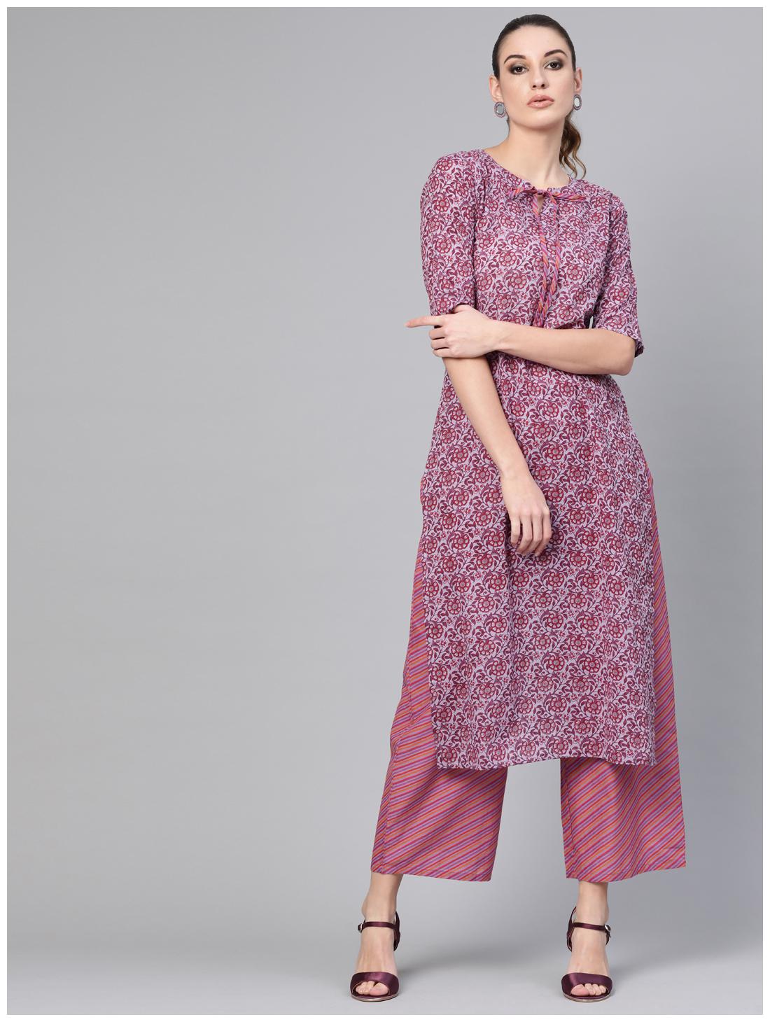 

GERUA Cotton Floral Purple Kurta With Palazzo