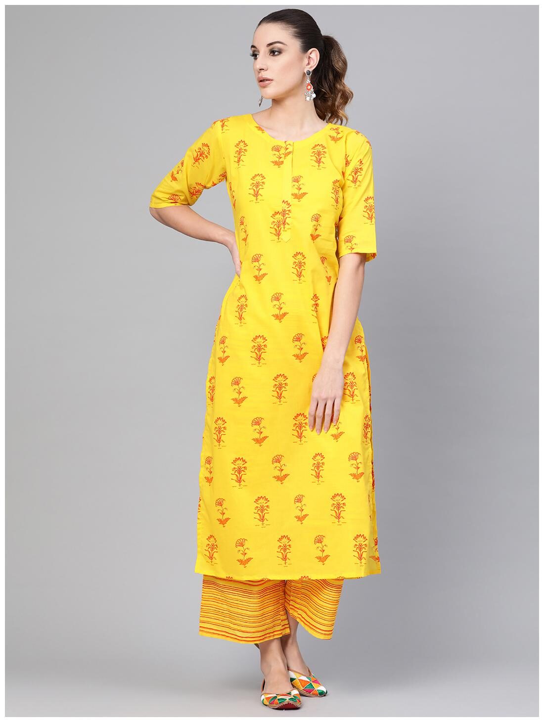 

GERUA Cotton Floral Yellow Kurta With Palazzo