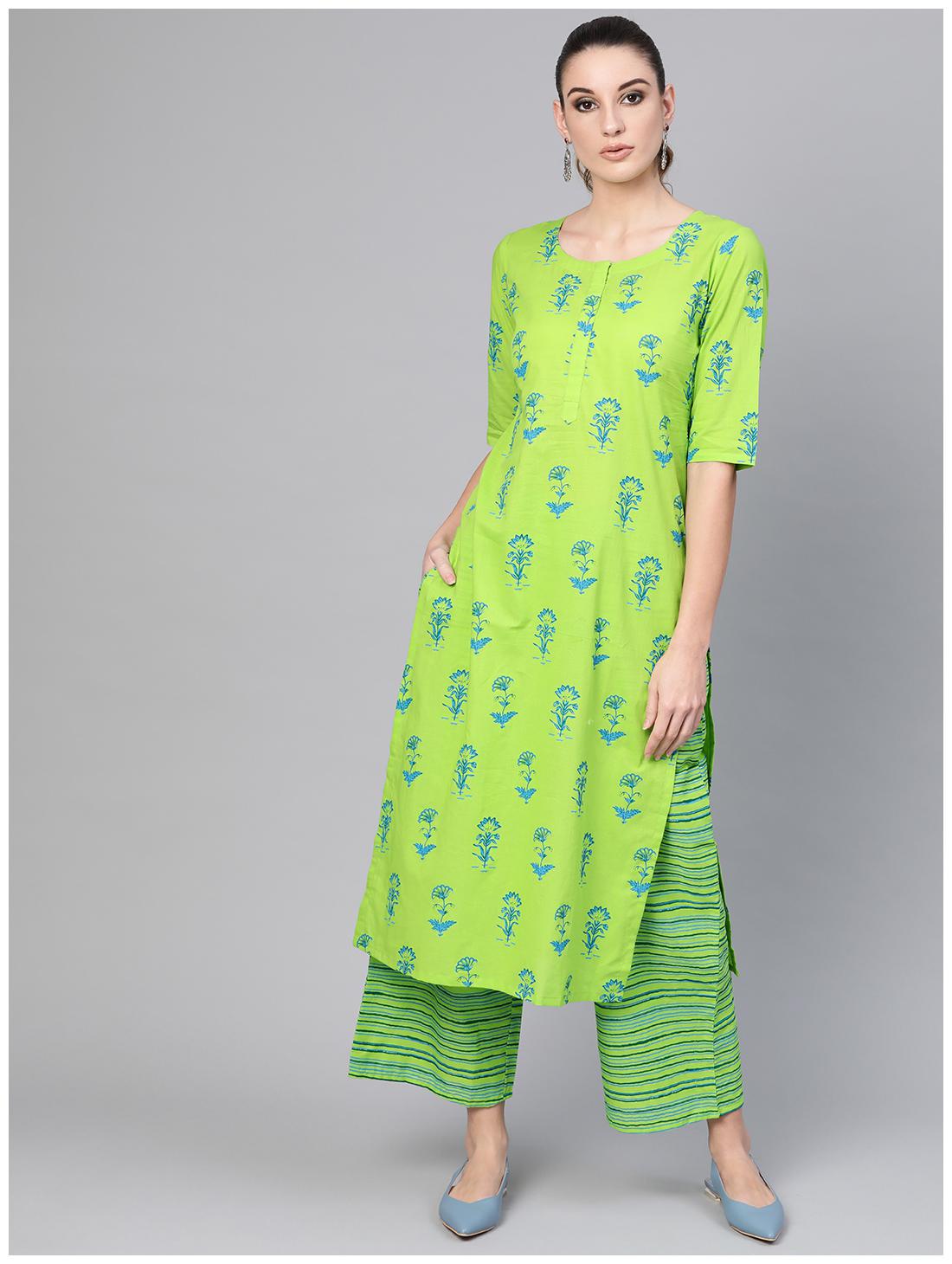 

GERUA Cotton Floral Green Kurta With Palazzo