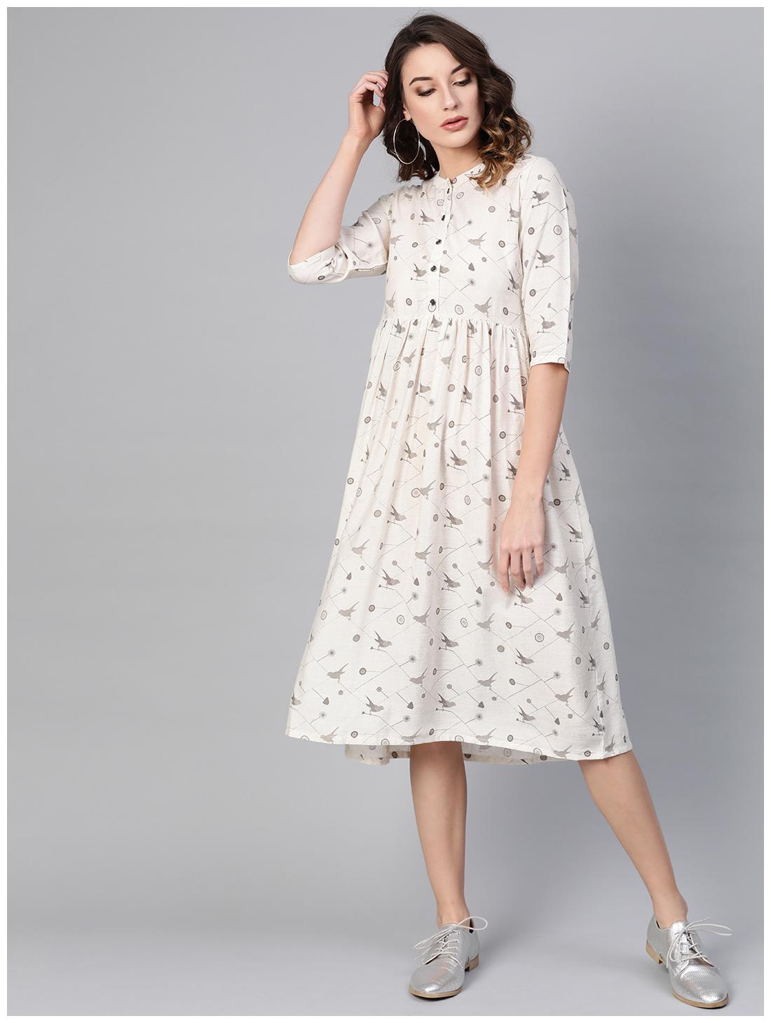 

GERUA Cotton Half Sleeves Printed White Kurti Dress