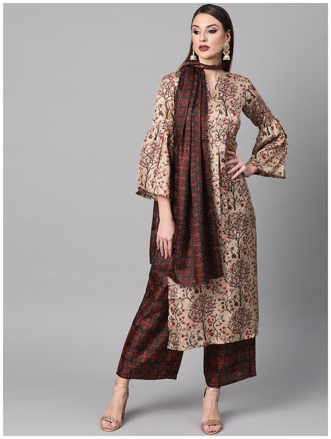 

GERUA Women Brown Floral Straight Kurta With Palazzo And Dupatta