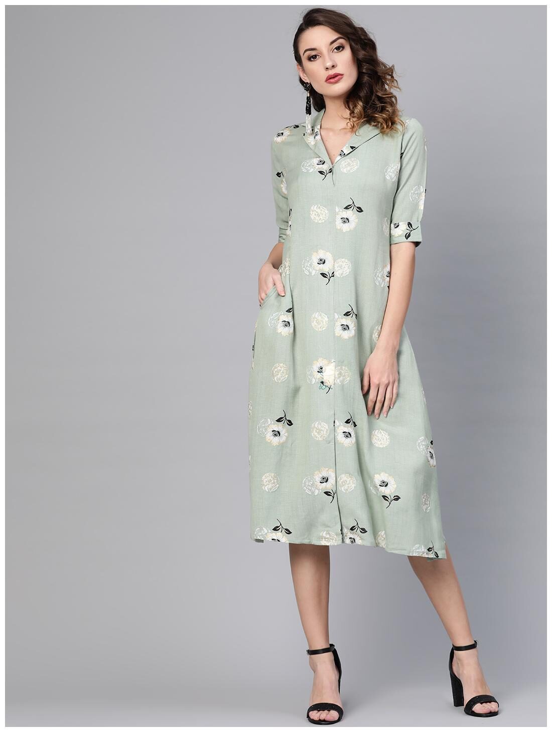 

GERUA Rayon Half Sleeves Floral Green Kurti Dress