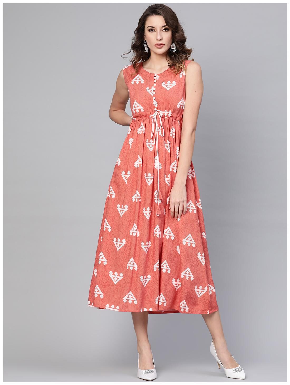 

GERUA Rayon Sleeveless Printed Pink Kurti Dress