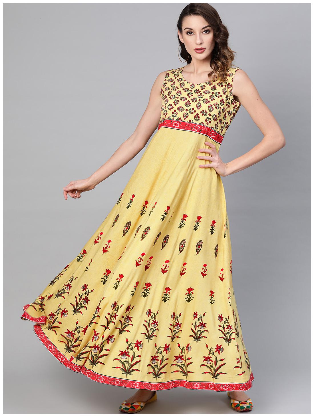 

GERUA Rayon Sleeveless Floral Yellow Kurta