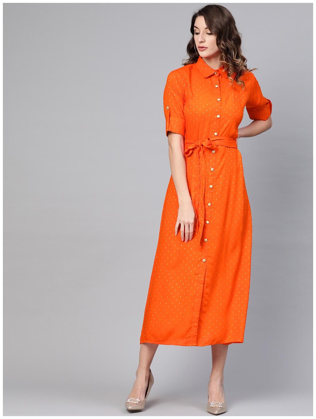 

GERUA Rayon Half Sleeves Solid Orange Kurti Dress