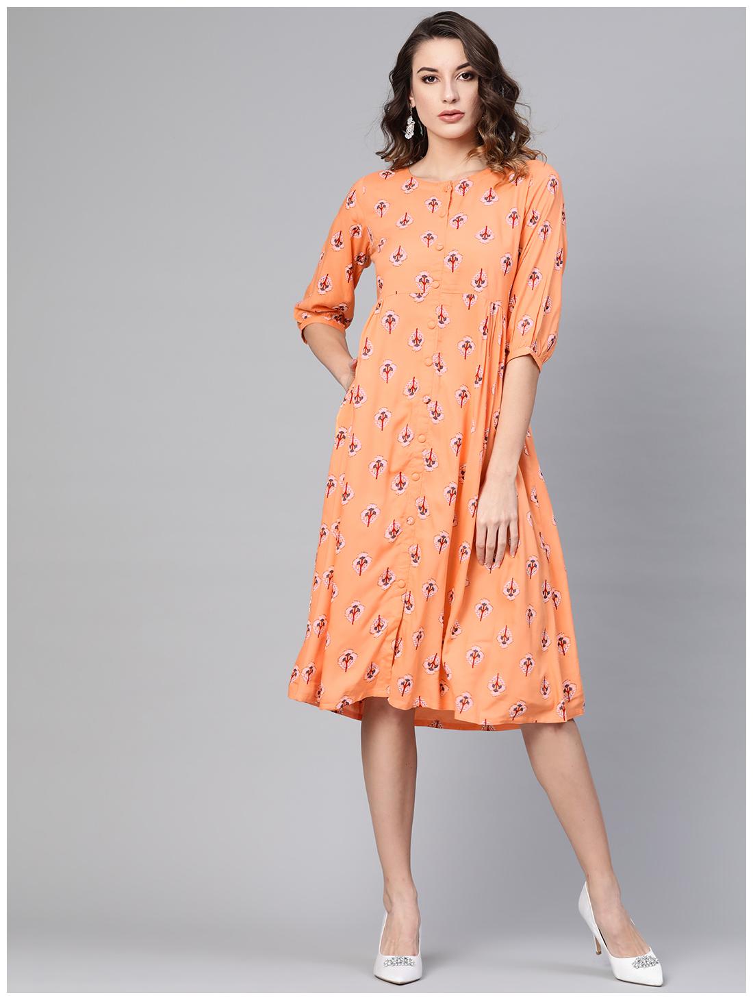 

GERUA Rayon 3 4th Sleeves Printed Orange Kurti Dress