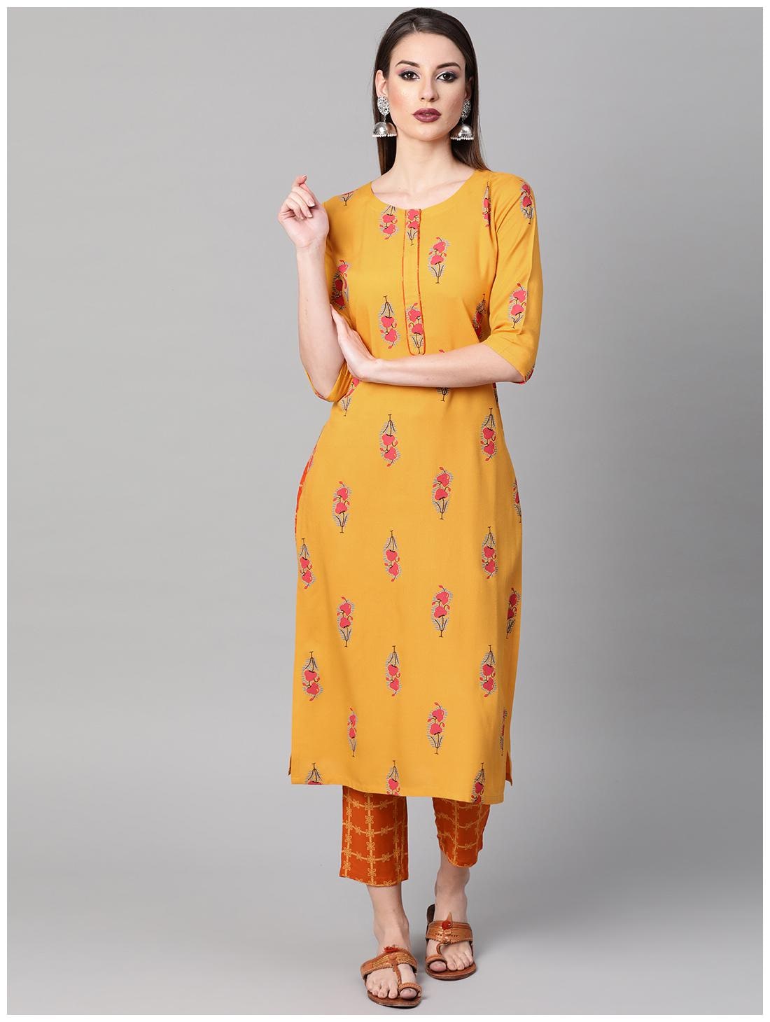 

GERUA Women Yellow Floral Straight Kurta With Trousers