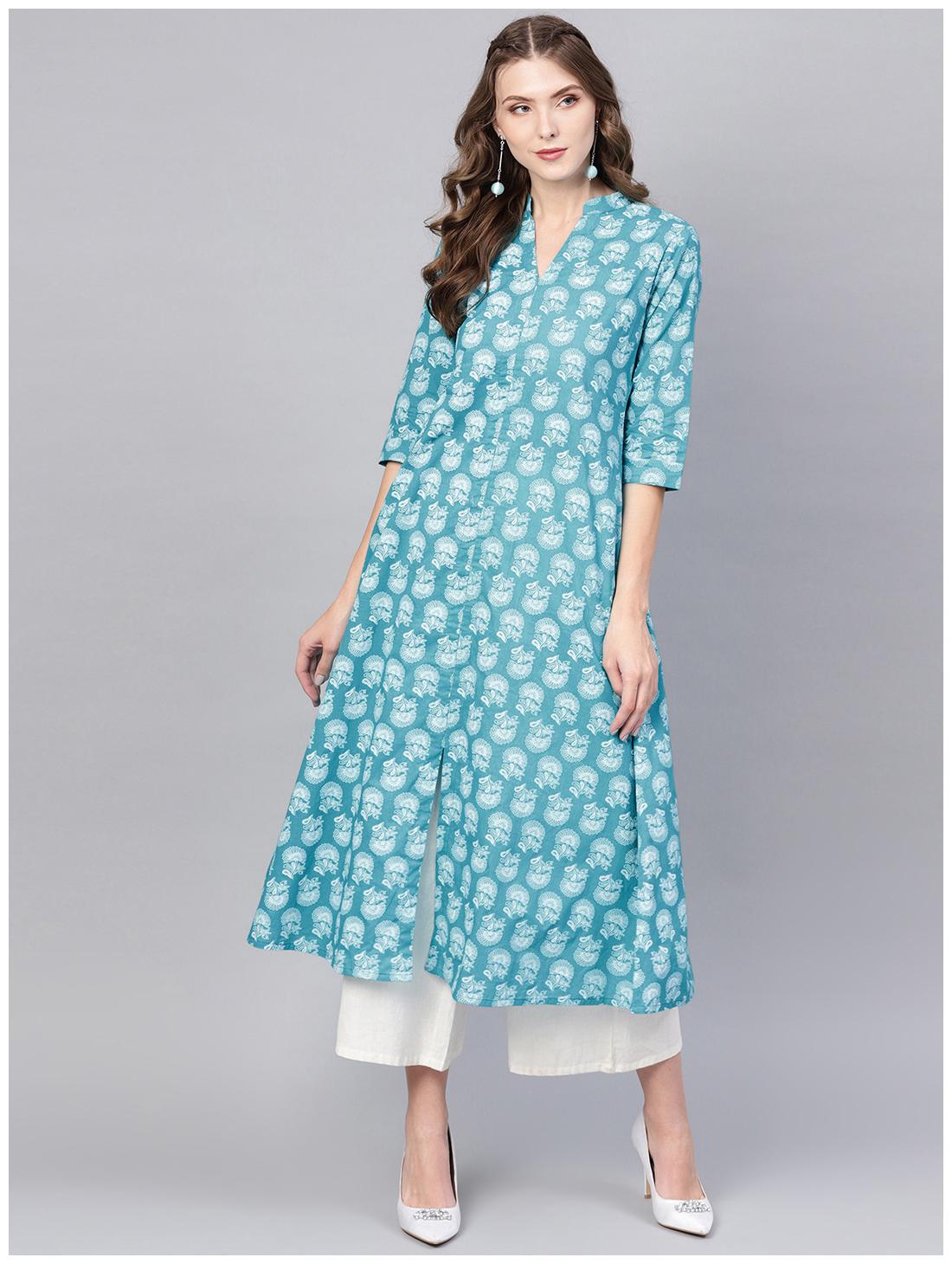

GERUA Women Blue Cotton Printed Aline Kurta With One Side Pocket