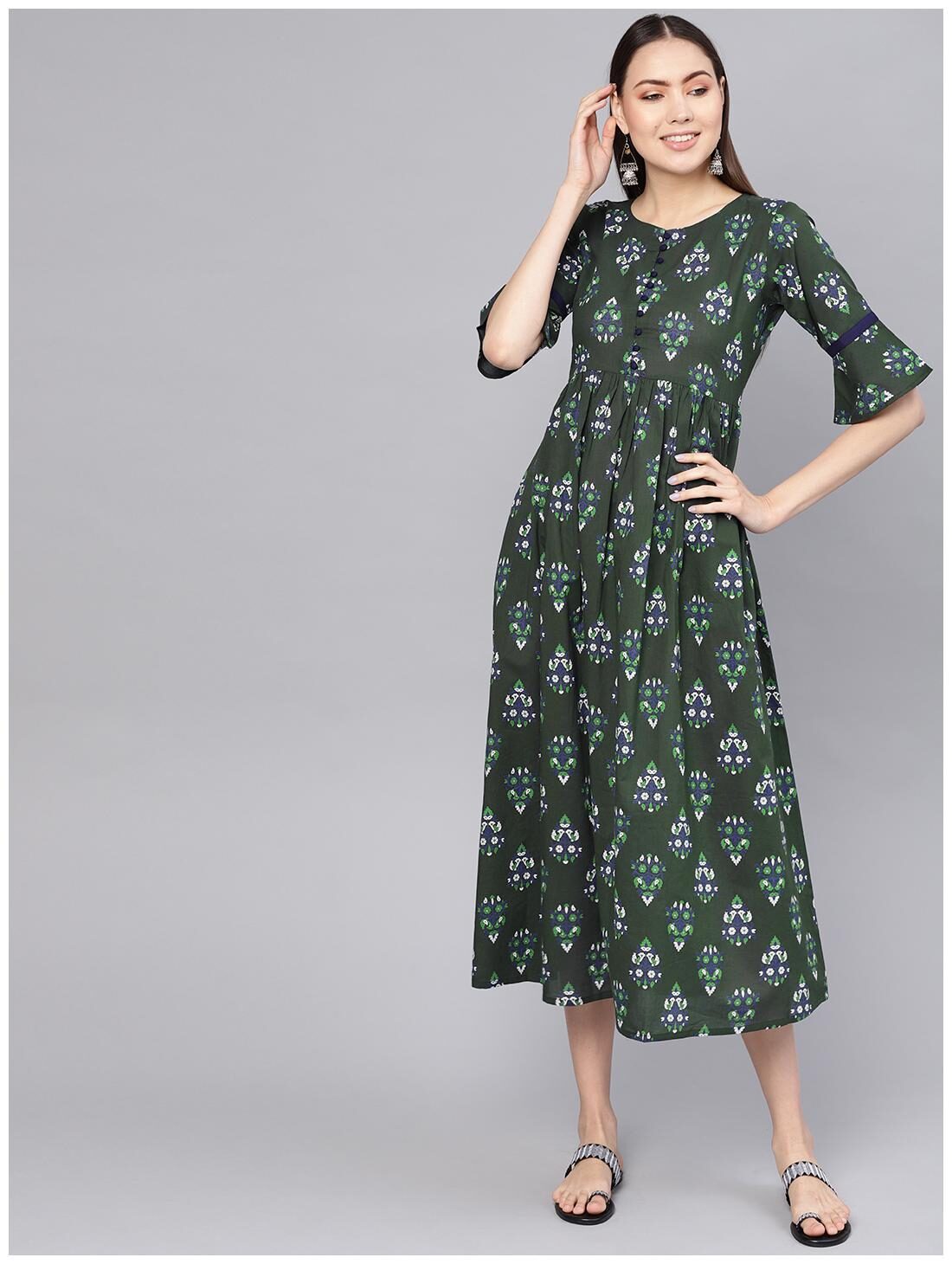 

GERUA Women Cotton Green A-line Dress