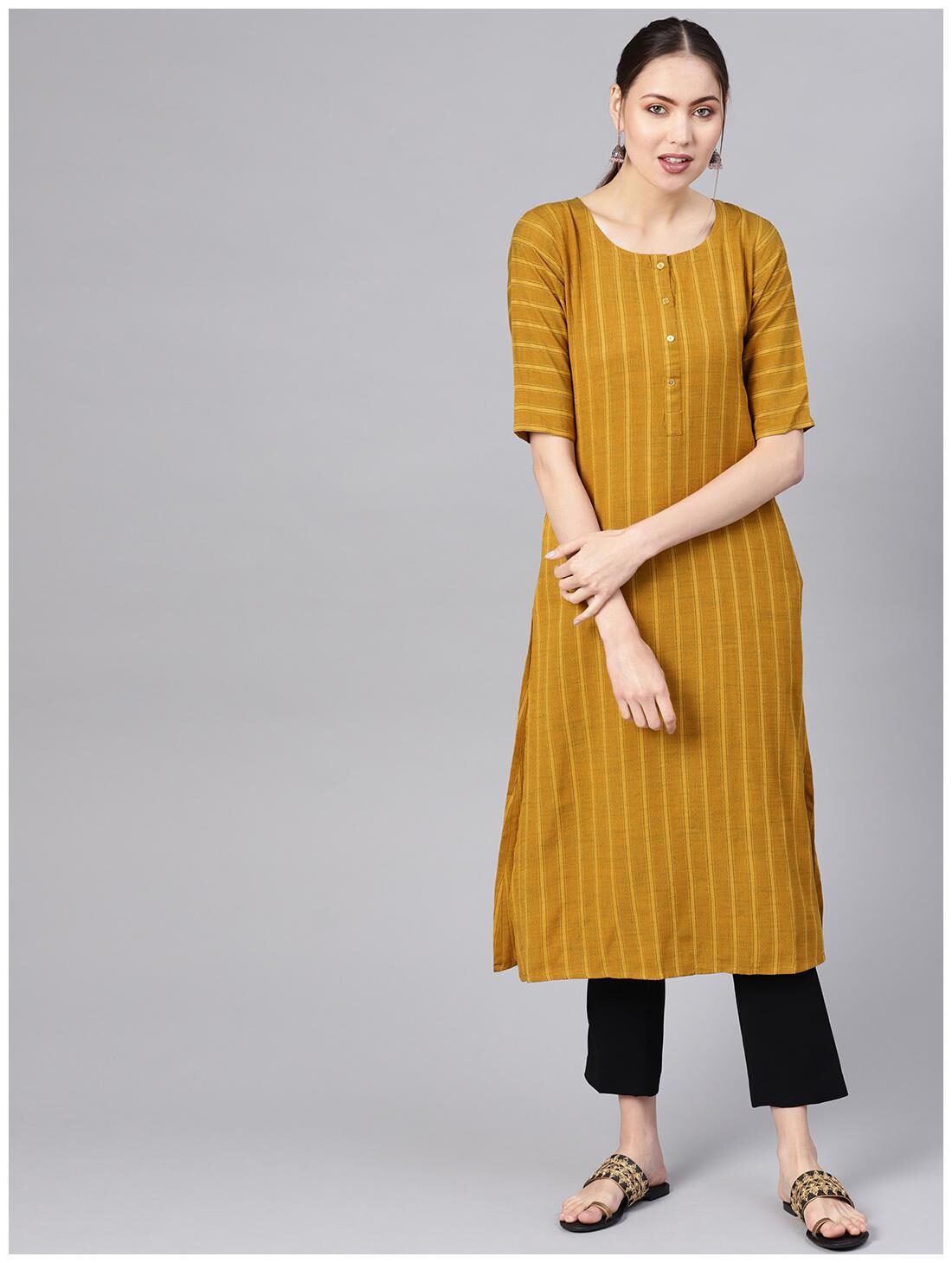 

GERUA Women Yellow Rayon Self Striped Aline Kurta With One Side Pocket