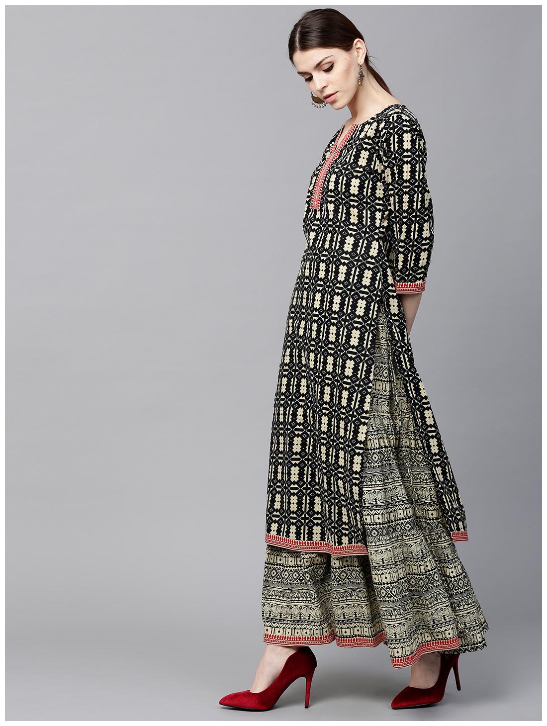 

GERUA Women Black Abstract Straight Kurta With Skirt