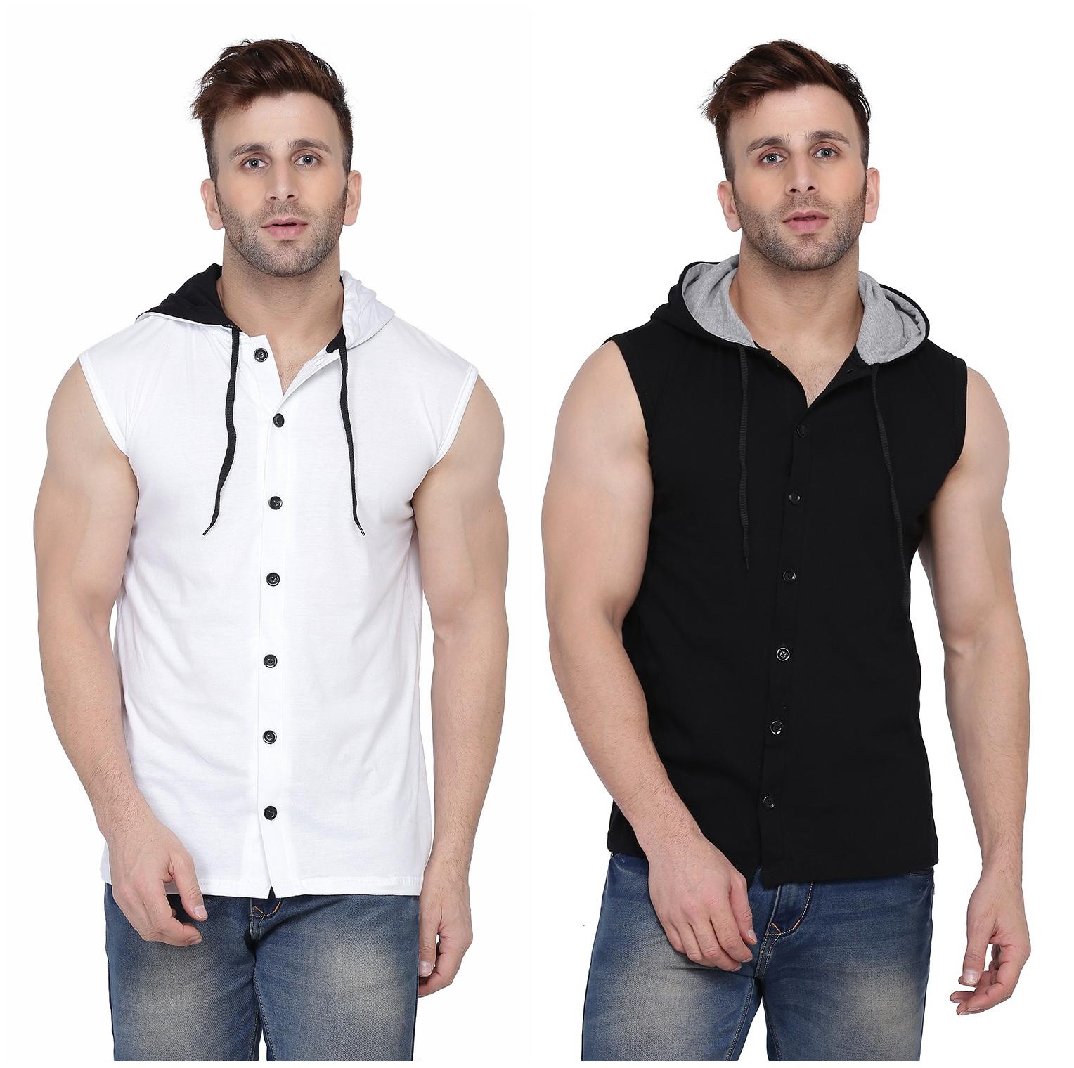 

Geum Men White Black Slim fit Cotton Blend Hood T-Shirt - Pack Of 2