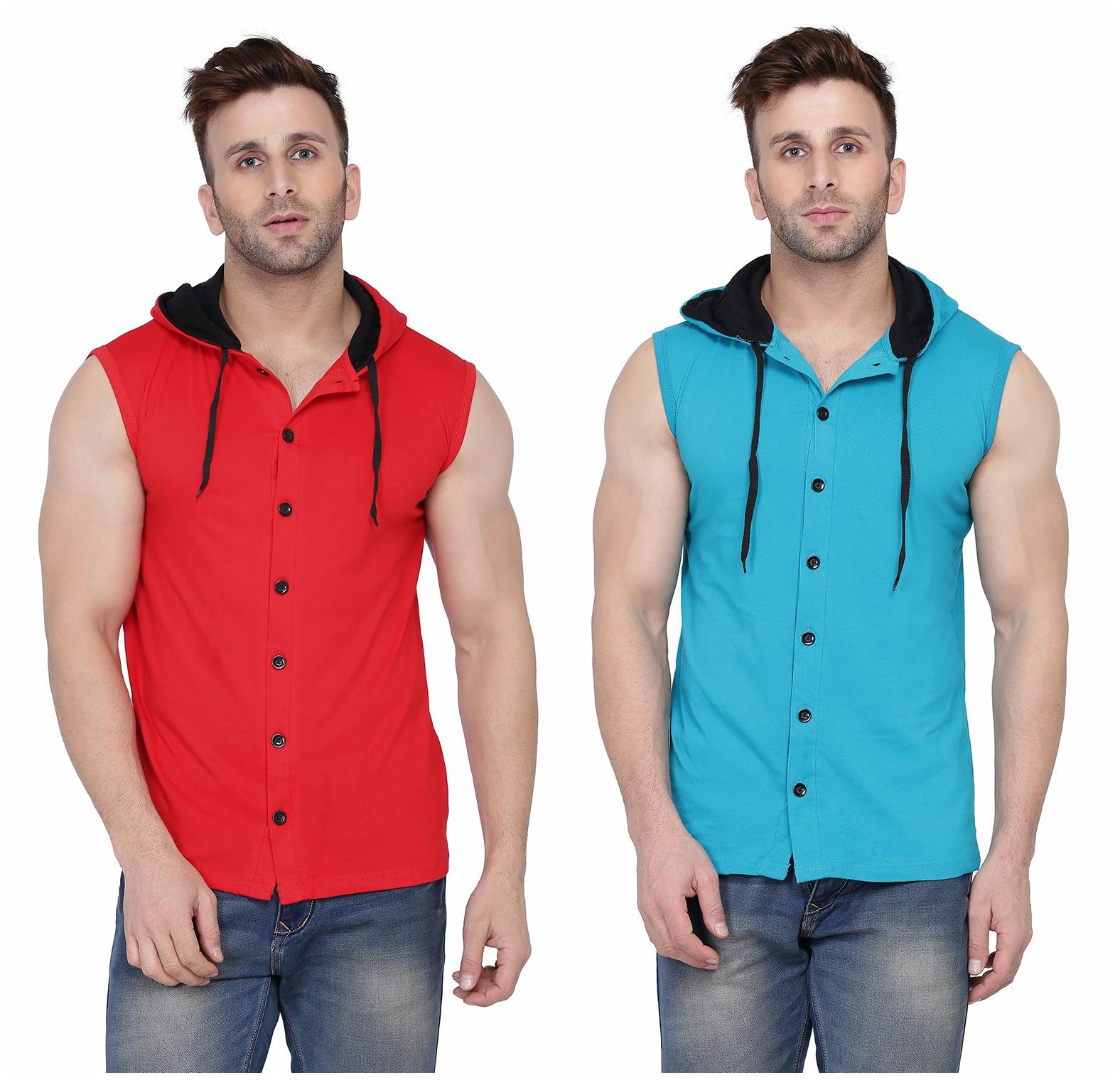 

Geum Men Red Blue Slim fit Cotton Blend Hood T-Shirt - Pack Of 2