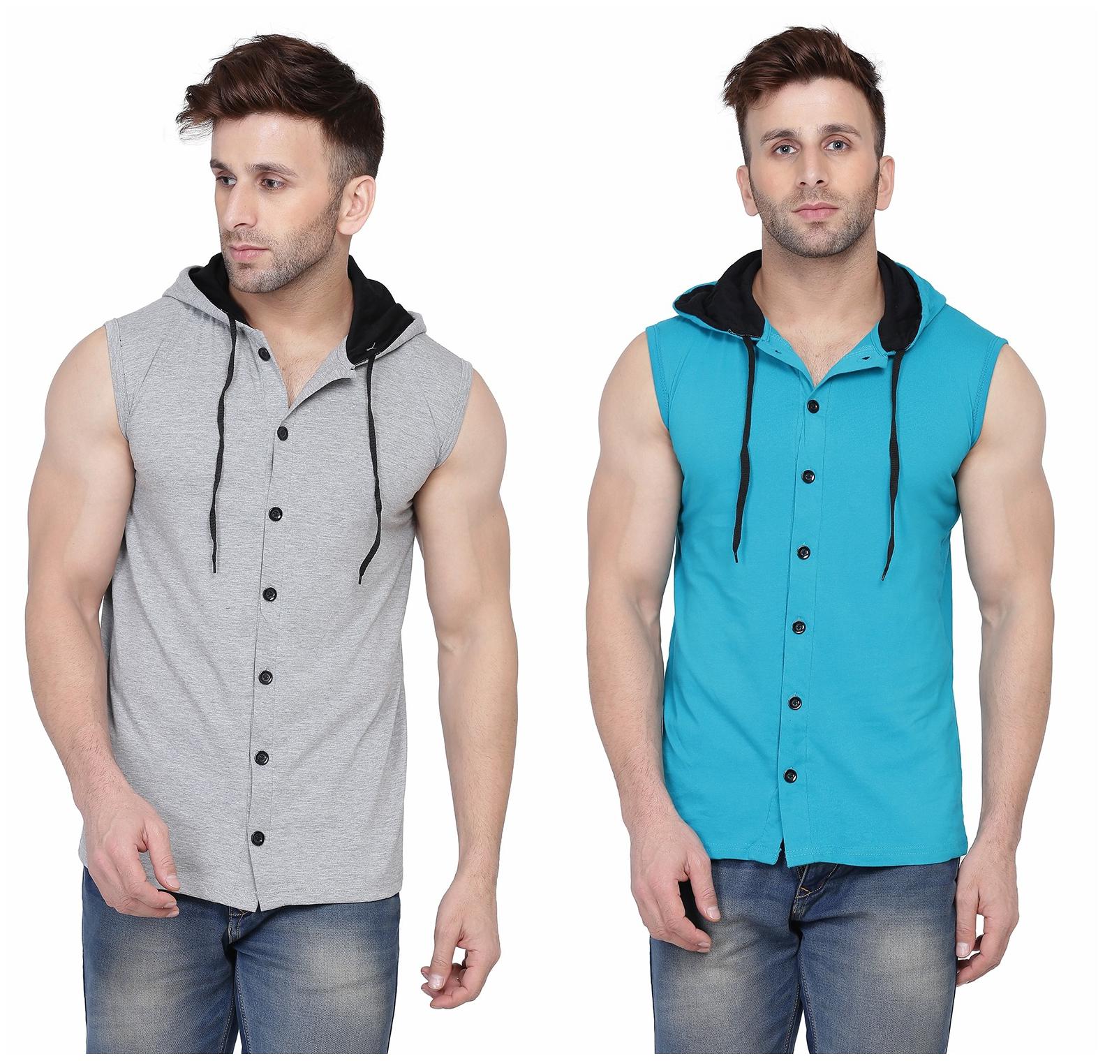 

Geum Men Grey Blue Slim fit Cotton Blend Hood T-Shirt - Pack Of 2