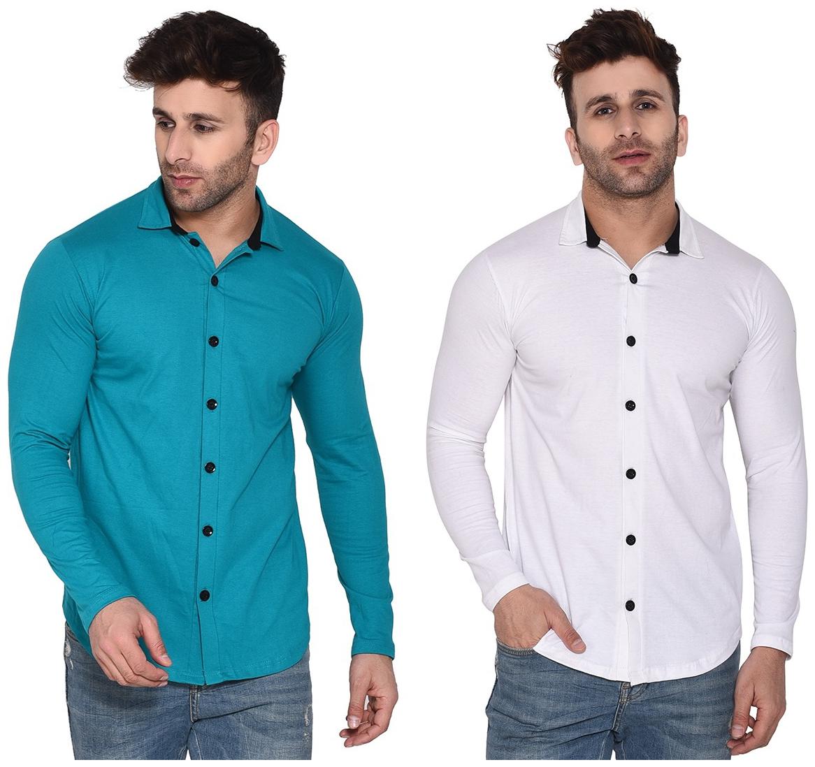 

Geum Cotton Blend Solid Turquoise White Color Casual Shirt For Men (Pack Of 2)