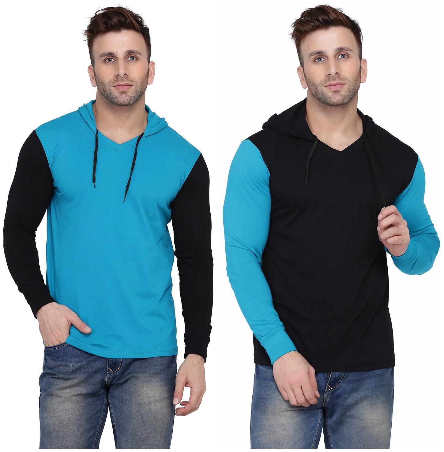 

Geum Men Black Turquoise Slim fit Cotton Blend Hood T-Shirt - Pack Of 2