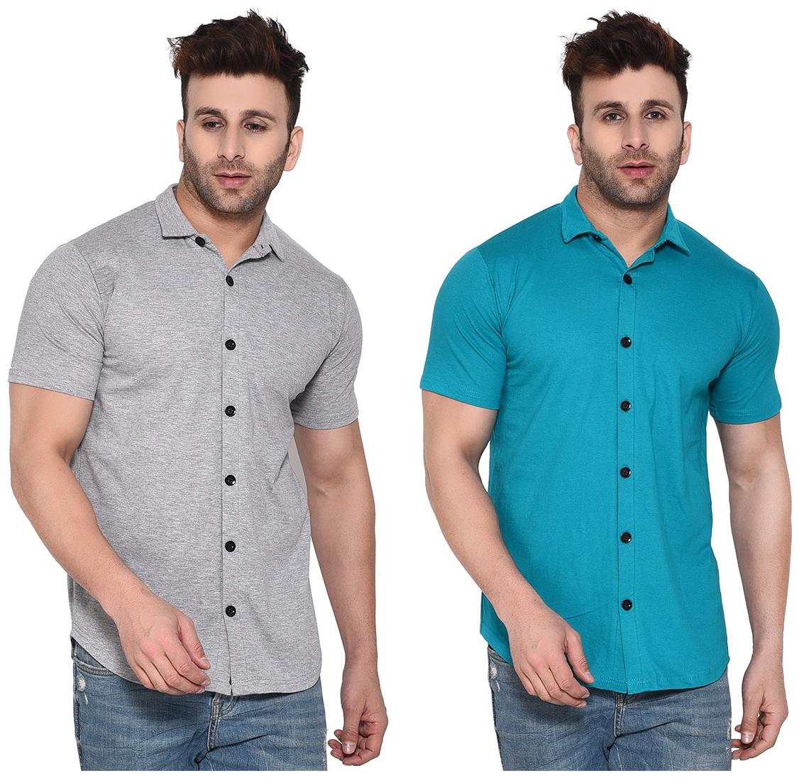

Geum Cotton Blend Solid Grey Turquoise Color Casual Shirt For Men (Pack Of 2)