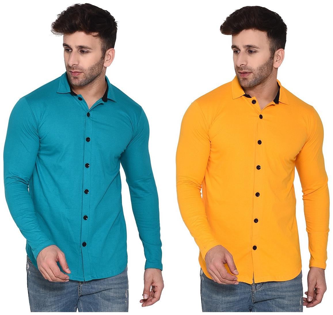

Geum Cotton Blend Solid Turquoise Yellow Color Casual Shirt For Men (Pack Of 2)