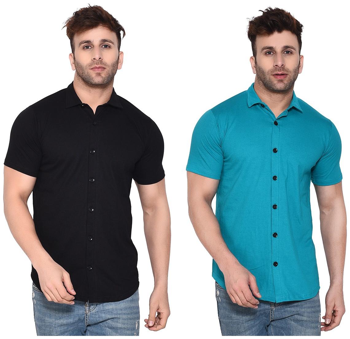 

Geum Cotton Blend Solid Black Turquoise Color Casual Shirt For Men (Pack Of 2)