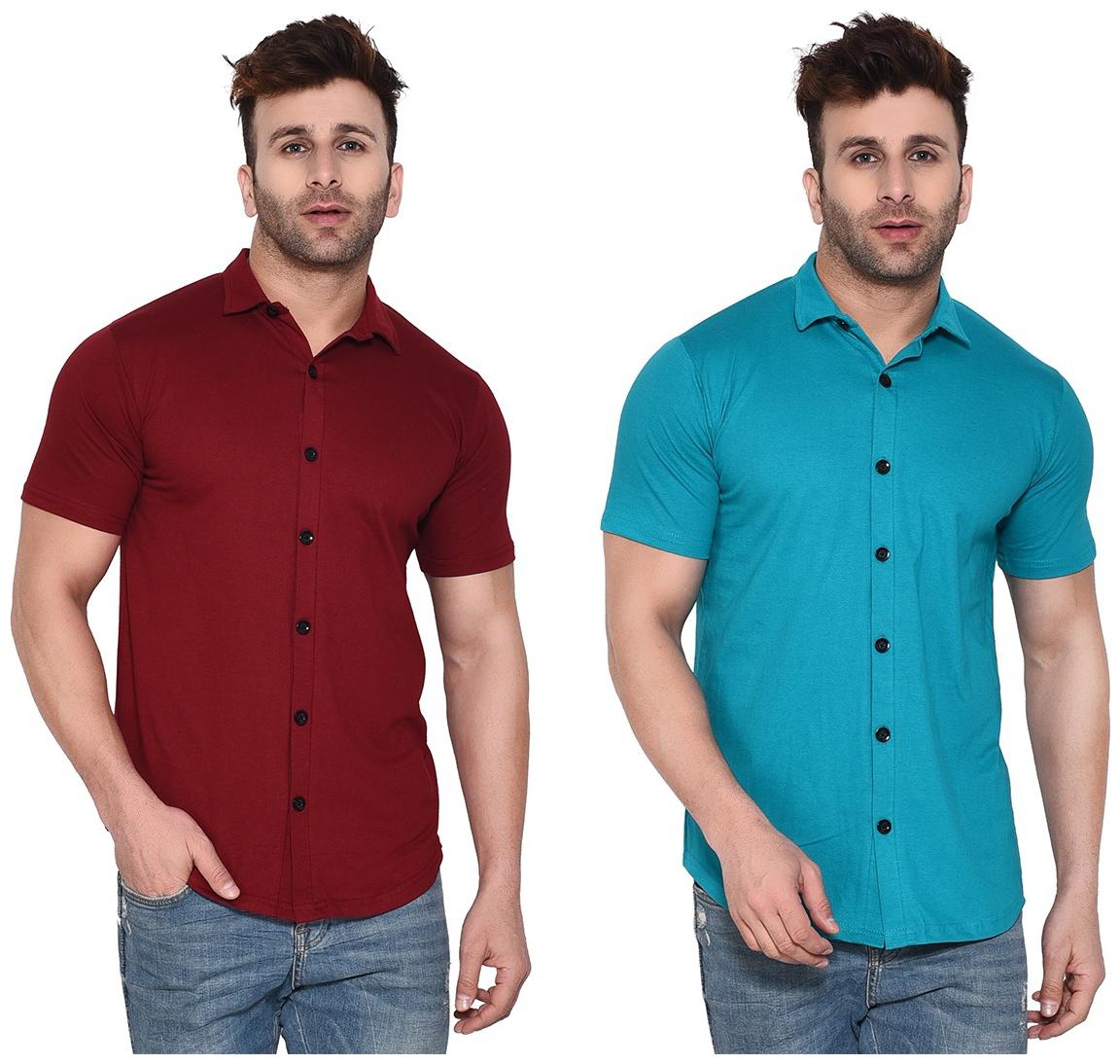 

Geum Cotton Blend Solid Maroon Turquoise Color Casual Shirt For Men (Pack Of 2)