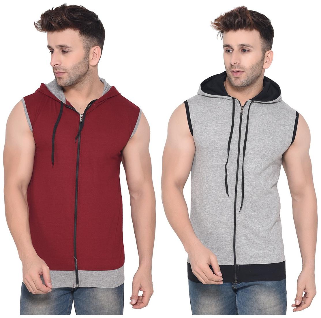 

Geum Men Maroon Grey Slim fit Cotton Blend Hood T-Shirt - Pack Of 2