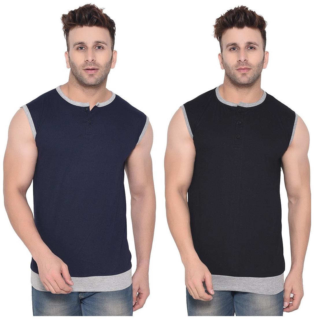 

Geum Men Blue Black Slim fit Cotton Blend Henley neck T-Shirt - Pack Of 2