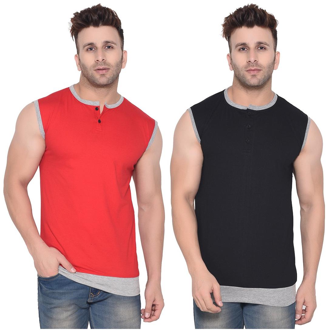 

Geum Men Red Black Slim fit Cotton Blend Henley neck T-Shirt - Pack Of 2
