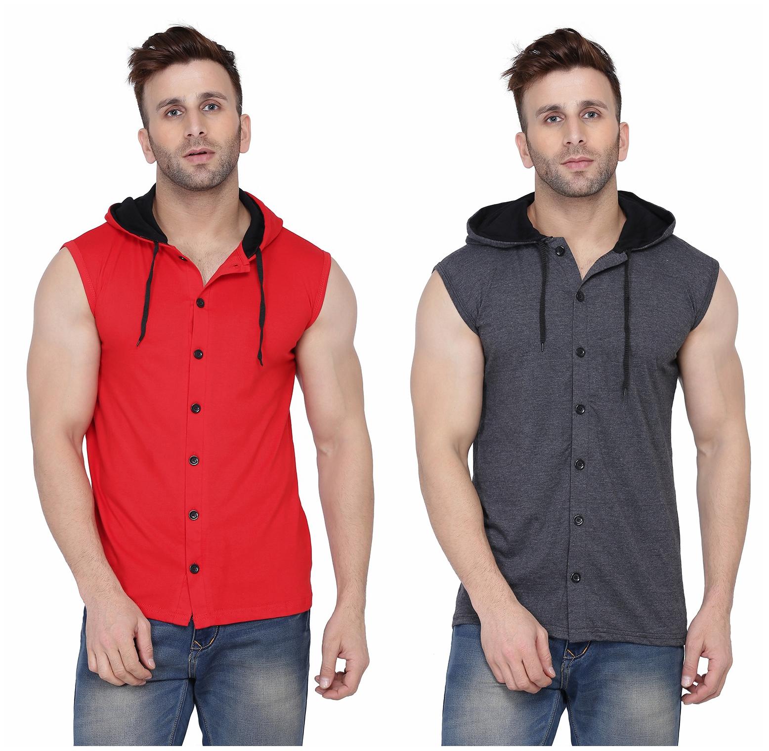 

Geum Men Red Grey Slim fit Cotton Blend Hood T-Shirt - Pack Of 2