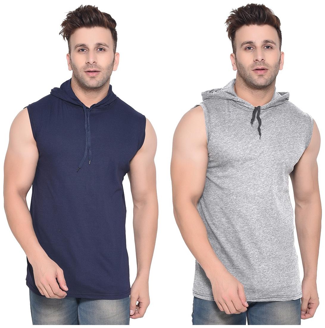 

Geum Men Grey Blue Slim fit Cotton Blend Hood T-Shirt - Pack Of 2