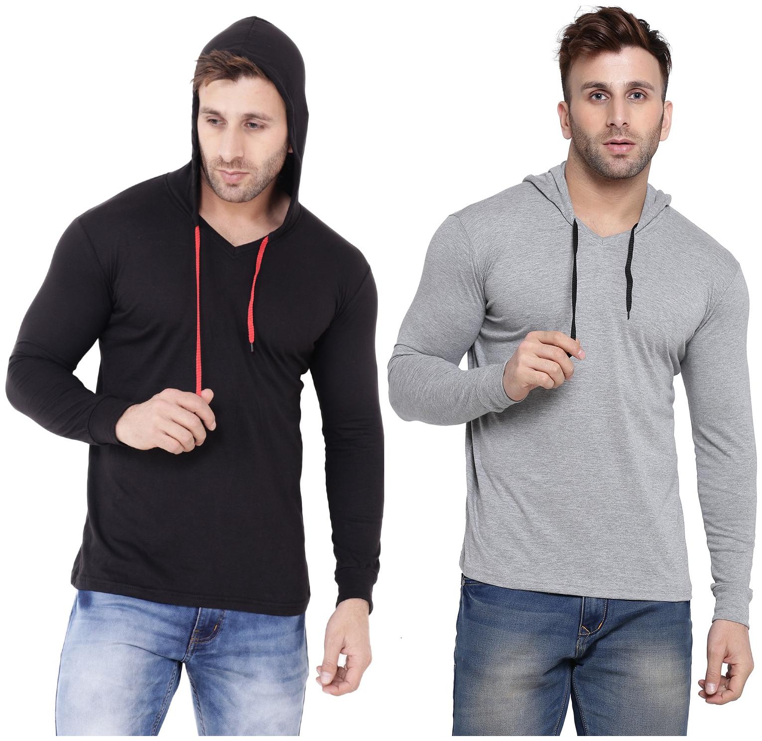 

Geum Men Black Grey Slim fit Cotton Blend Hood T-Shirt - Pack Of 2
