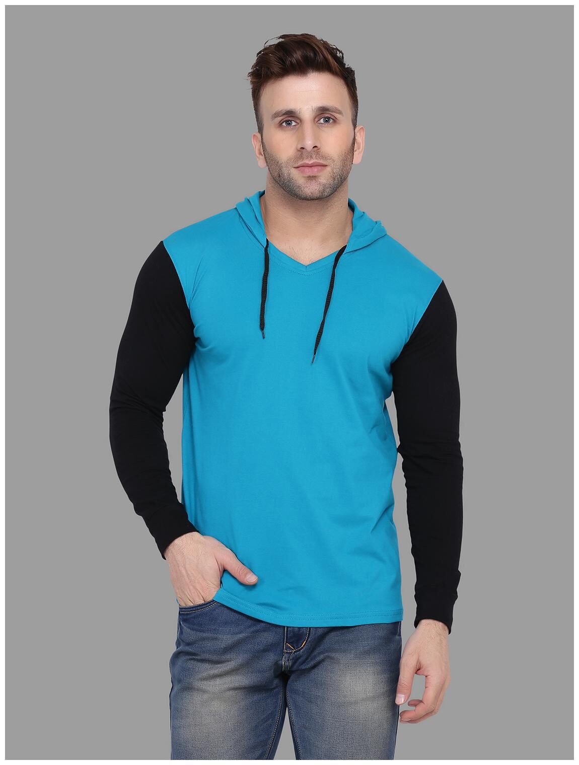 

Geum Men Turquoise Black Regular fit Cotton Blend Hood T-Shirt - Pack Of 1