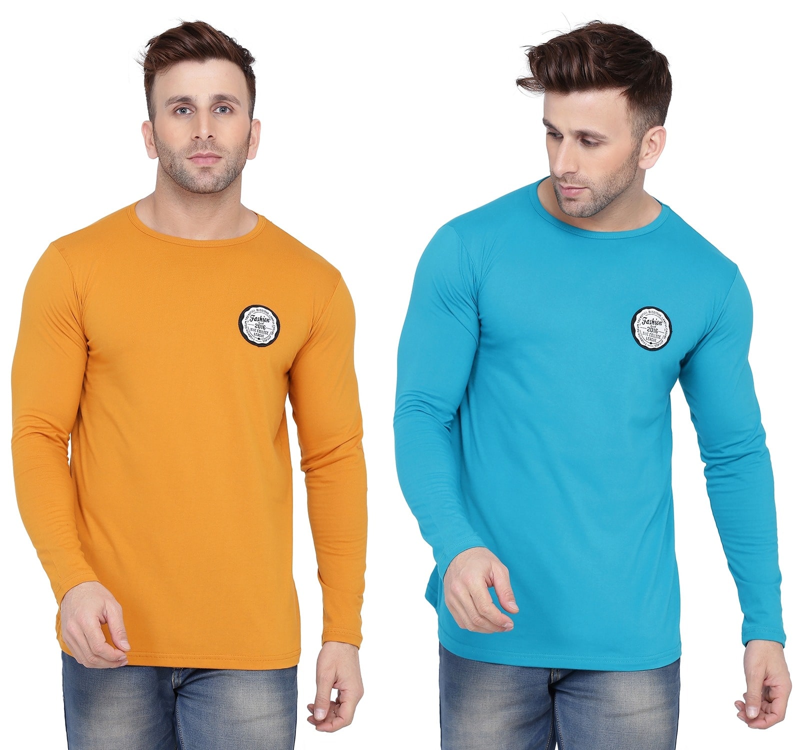 

Geum Men Turquoise Mustard Slim fit Cotton Blend Round neck T-Shirt - Pack Of 2