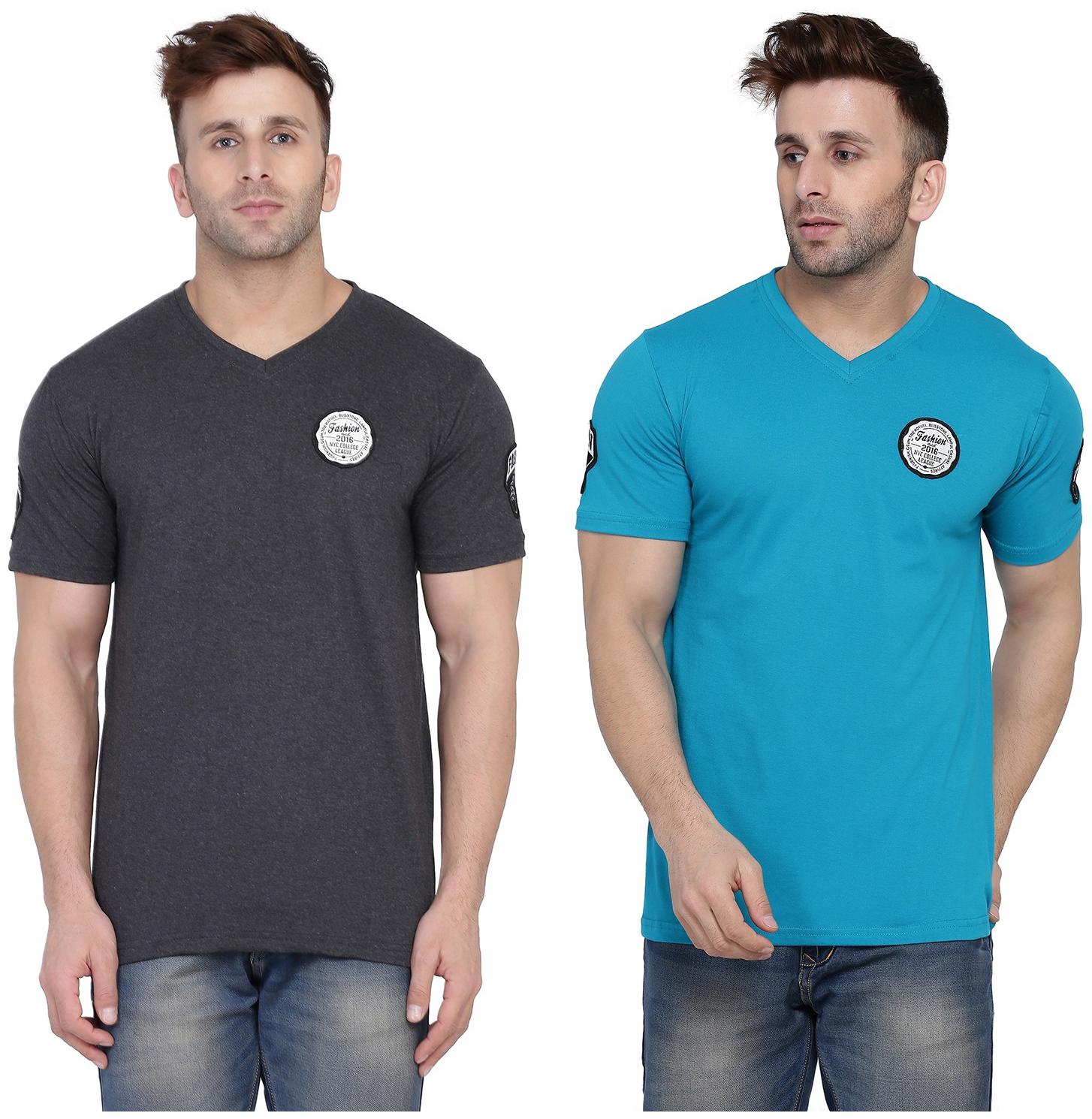 

Geum Men Grey Turquoise Slim fit Cotton Blend V neck T-Shirt - Pack Of 2