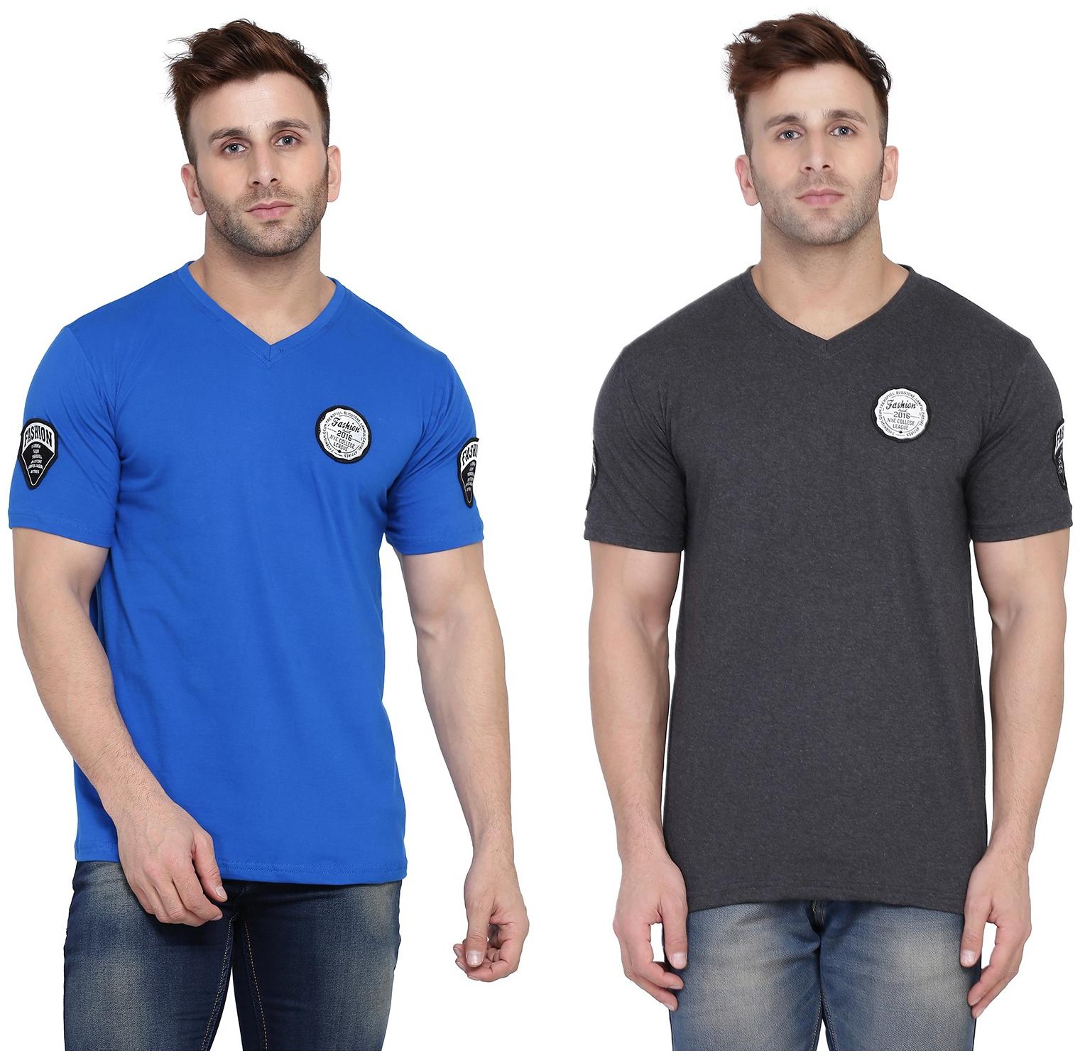 

Geum Men Blue Grey Slim fit Cotton Blend V neck T-Shirt - Pack Of 2