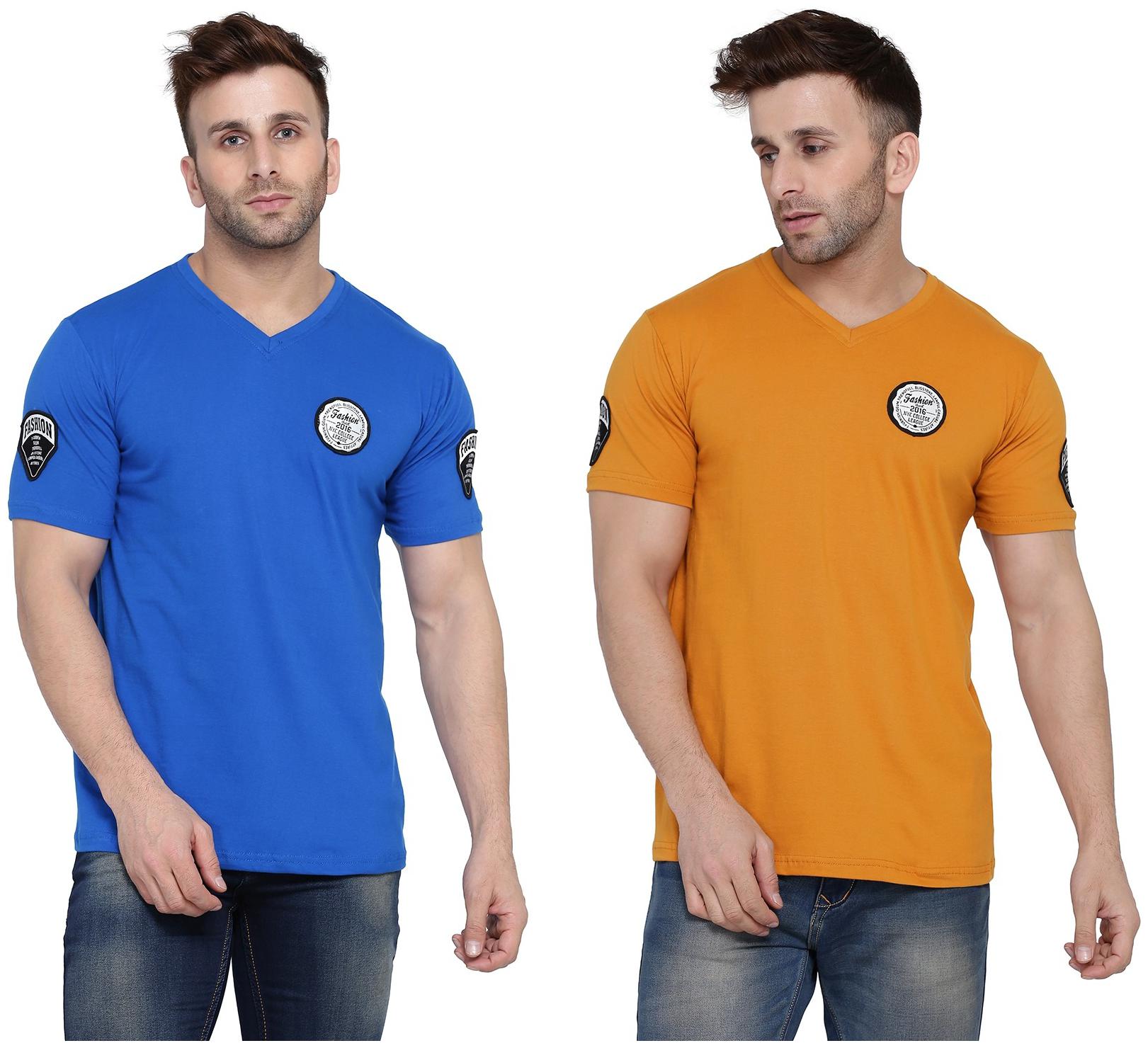 

Geum Men Blue Mustard Slim fit Cotton Blend V neck T-Shirt - Pack Of 2