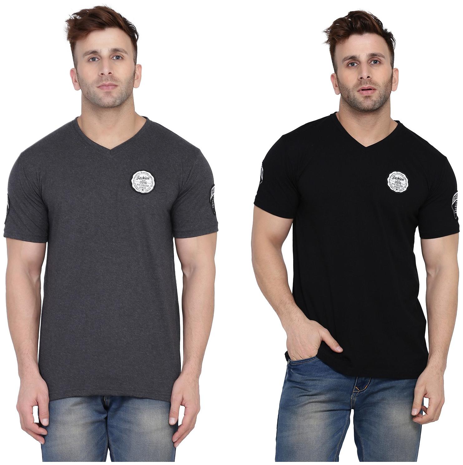 

Geum Men Grey Black Slim fit Cotton Blend V neck T-Shirt - Pack Of 2