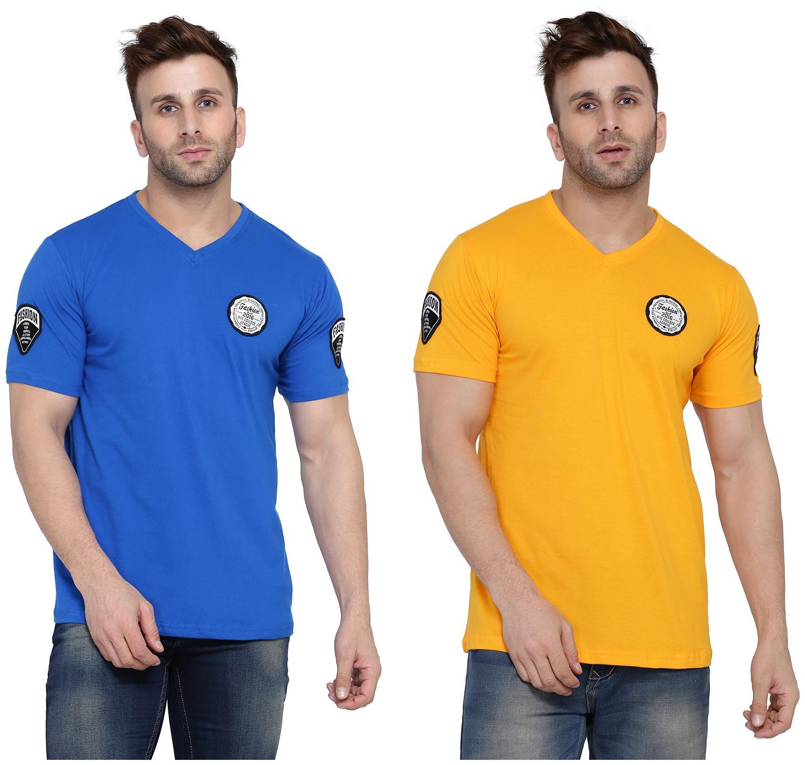 

Geum Men Blue Yellow Slim fit Cotton Blend V neck T-Shirt - Pack Of 2