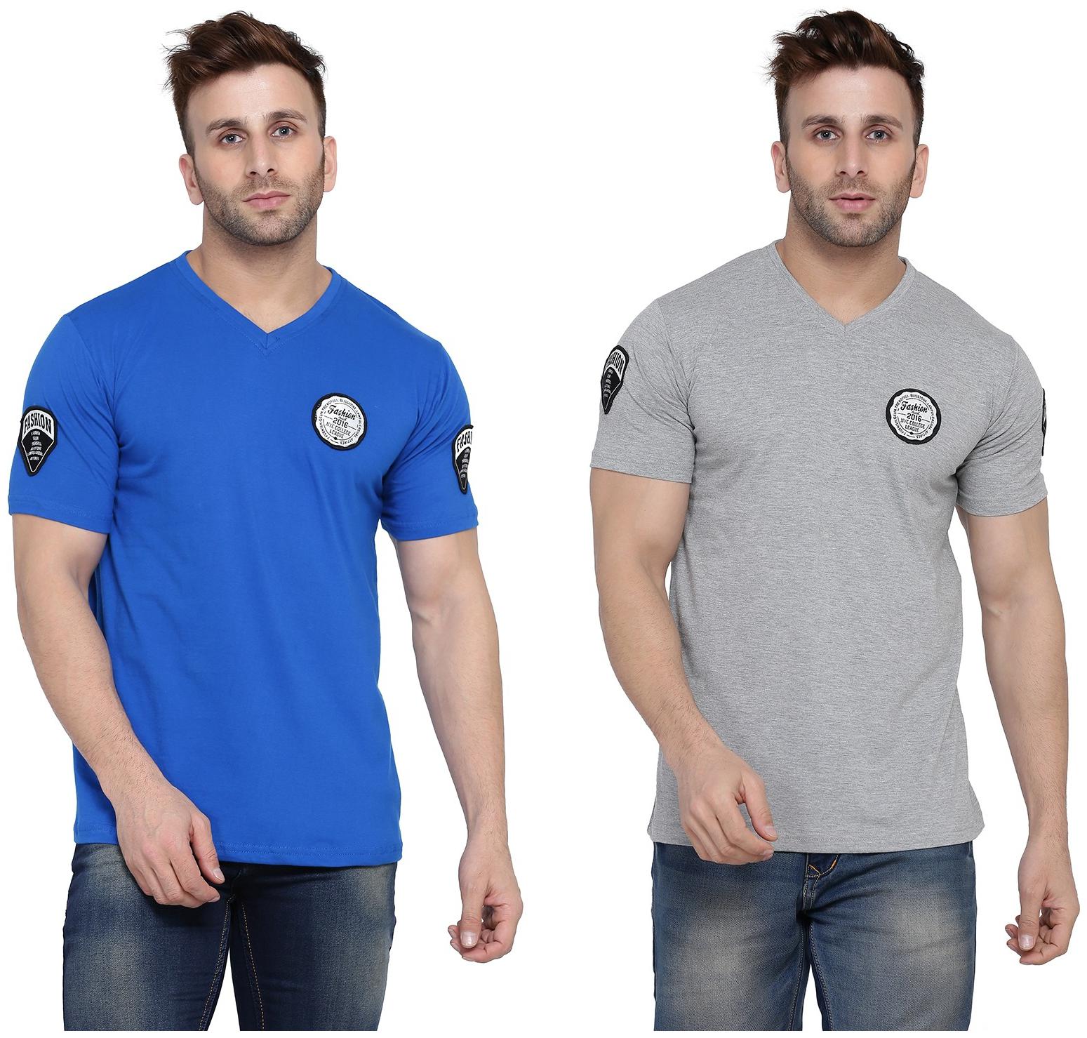 

Geum Men Blue Grey Slim fit Cotton Blend V neck T-Shirt - Pack Of 2