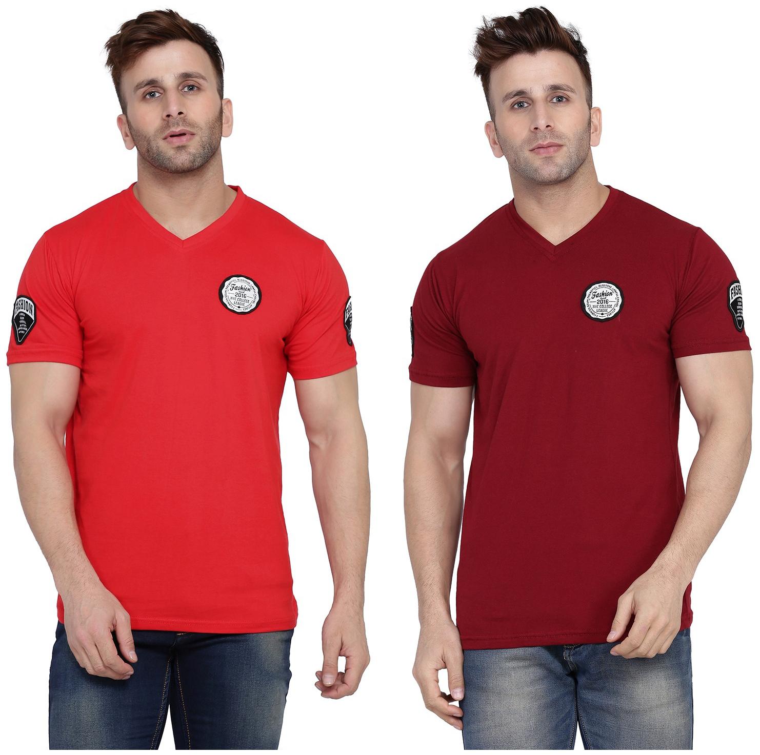 

Geum Men Red Maroon Slim fit Cotton Blend V neck T-Shirt - Pack Of 2