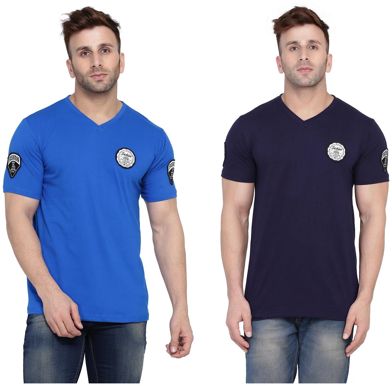 

Geum Men Blue Navy blue Slim fit Cotton Blend V neck T-Shirt - Pack Of 2