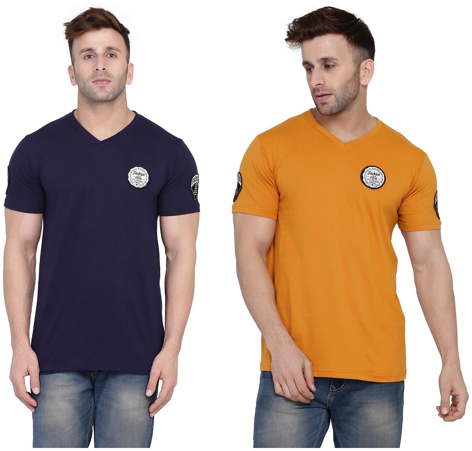 

Geum Men Navy blue Mustard Slim fit Cotton Blend V neck T-Shirt - Pack Of 2