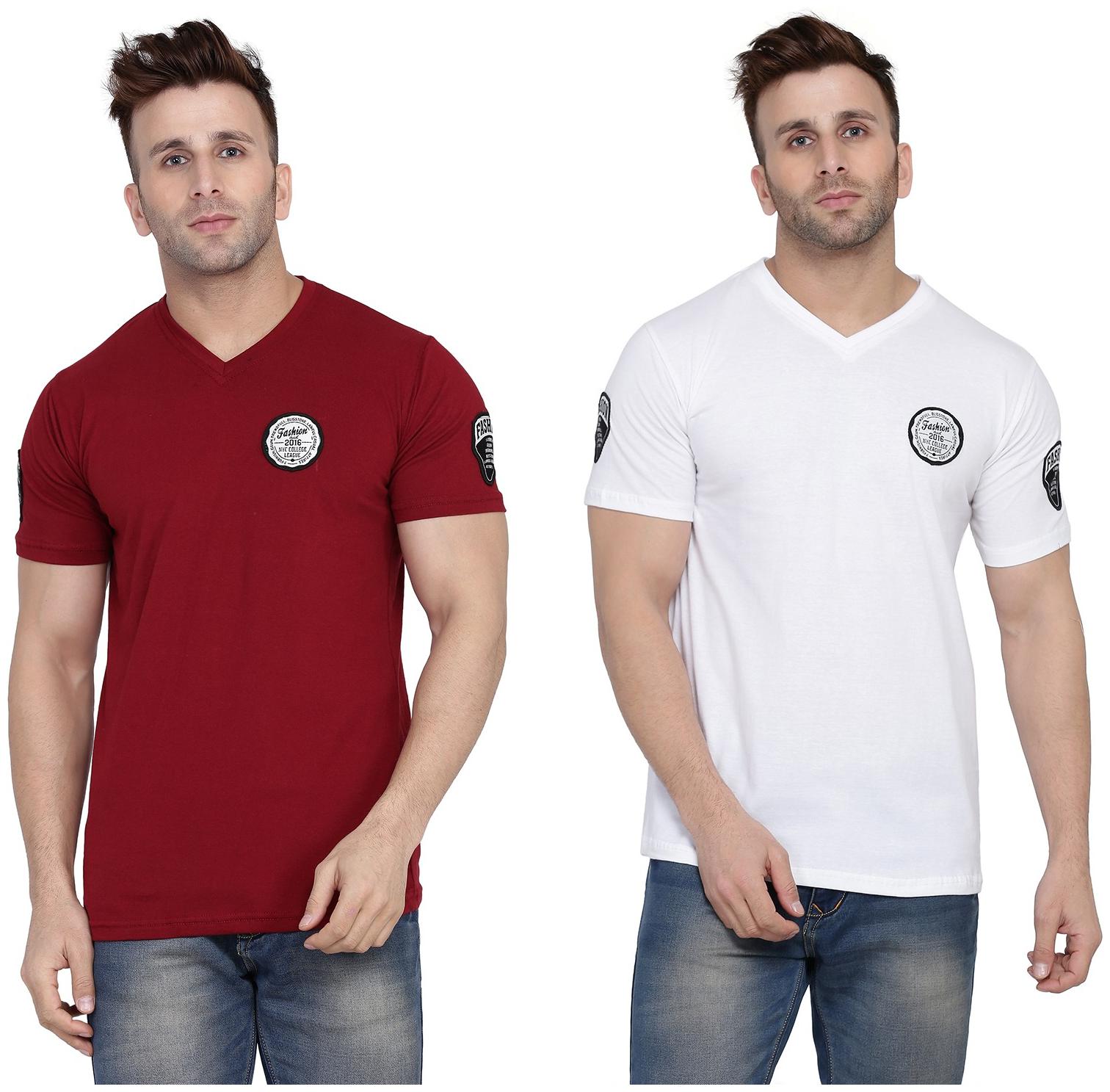 

Geum Men Maroon White Slim fit Cotton Blend V neck T-Shirt - Pack Of 2