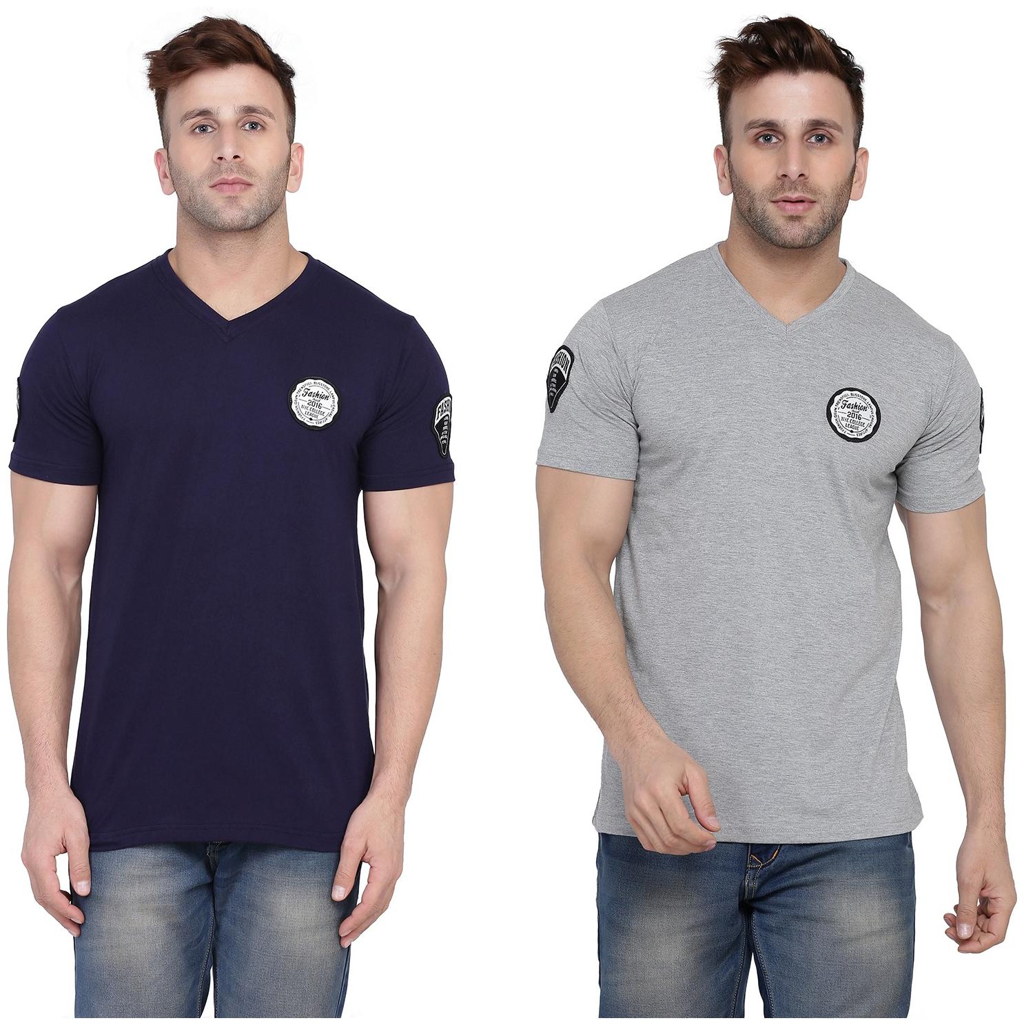 

Geum Men Navy blue Grey Slim fit Cotton Blend V neck T-Shirt - Pack Of 2