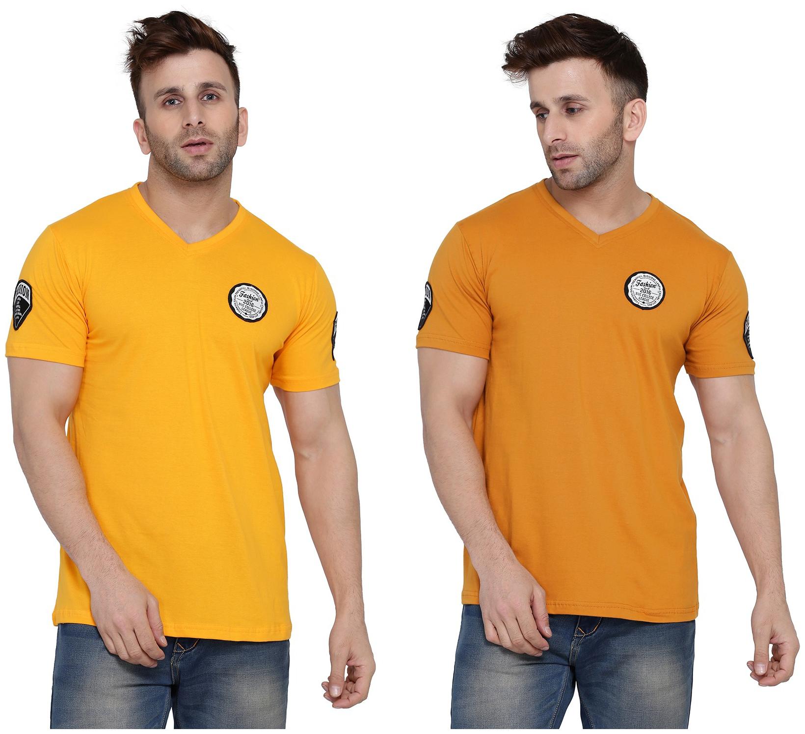 

Geum Men Yellow Mustard Slim fit Cotton Blend V neck T-Shirt - Pack Of 2