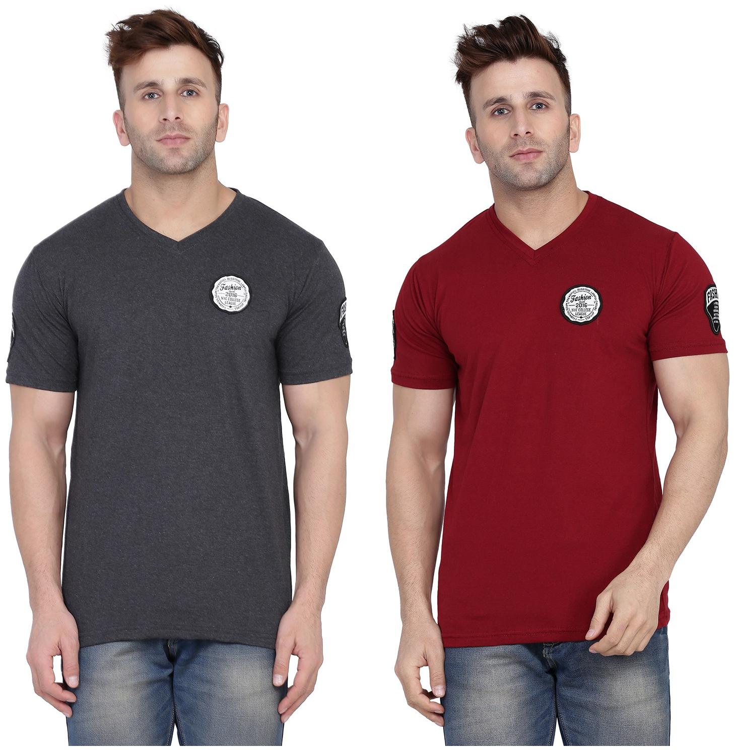 

Geum Men Grey Maroon Slim fit Cotton Blend V neck T-Shirt - Pack Of 2