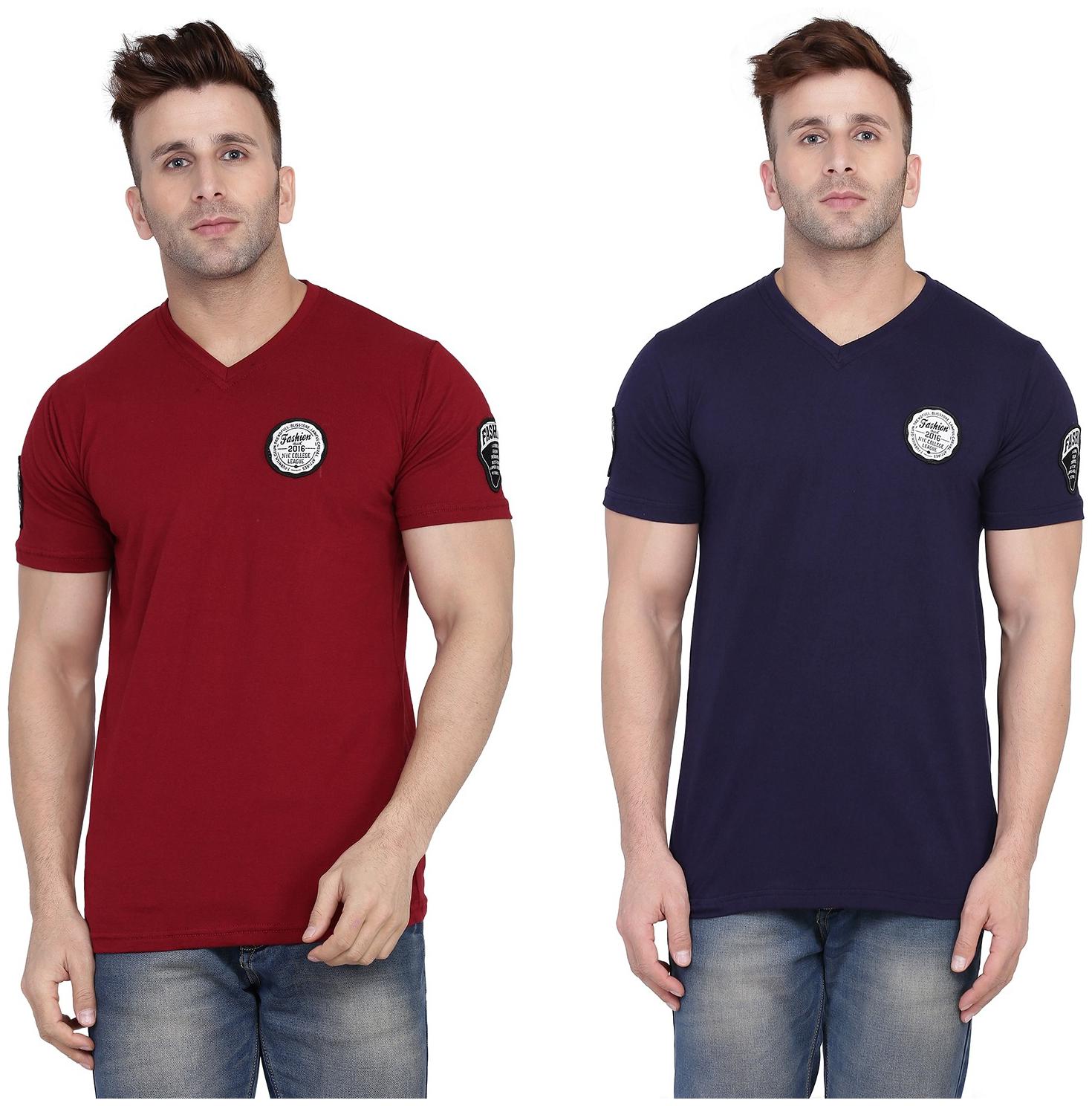 

Geum Men Maroon Navy blue Slim fit Cotton Blend V neck T-Shirt - Pack Of 2