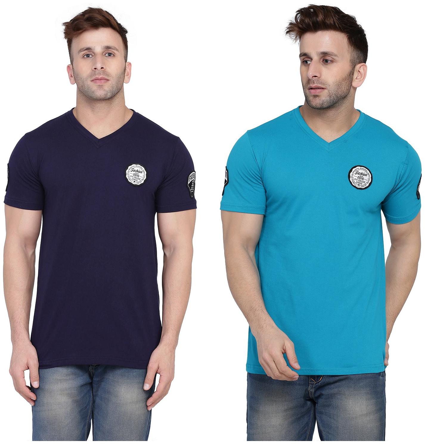 

Geum Men Navy blue Turquoise Slim fit Cotton Blend V neck T-Shirt - Pack Of 2